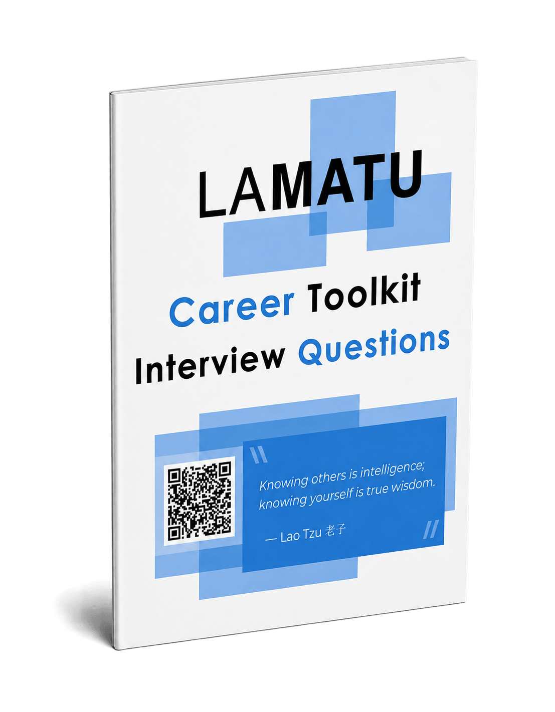 Book cover for 'LAMATU Career Toolkit: Interview Questions' with blue geometric shapes and a QR code panel