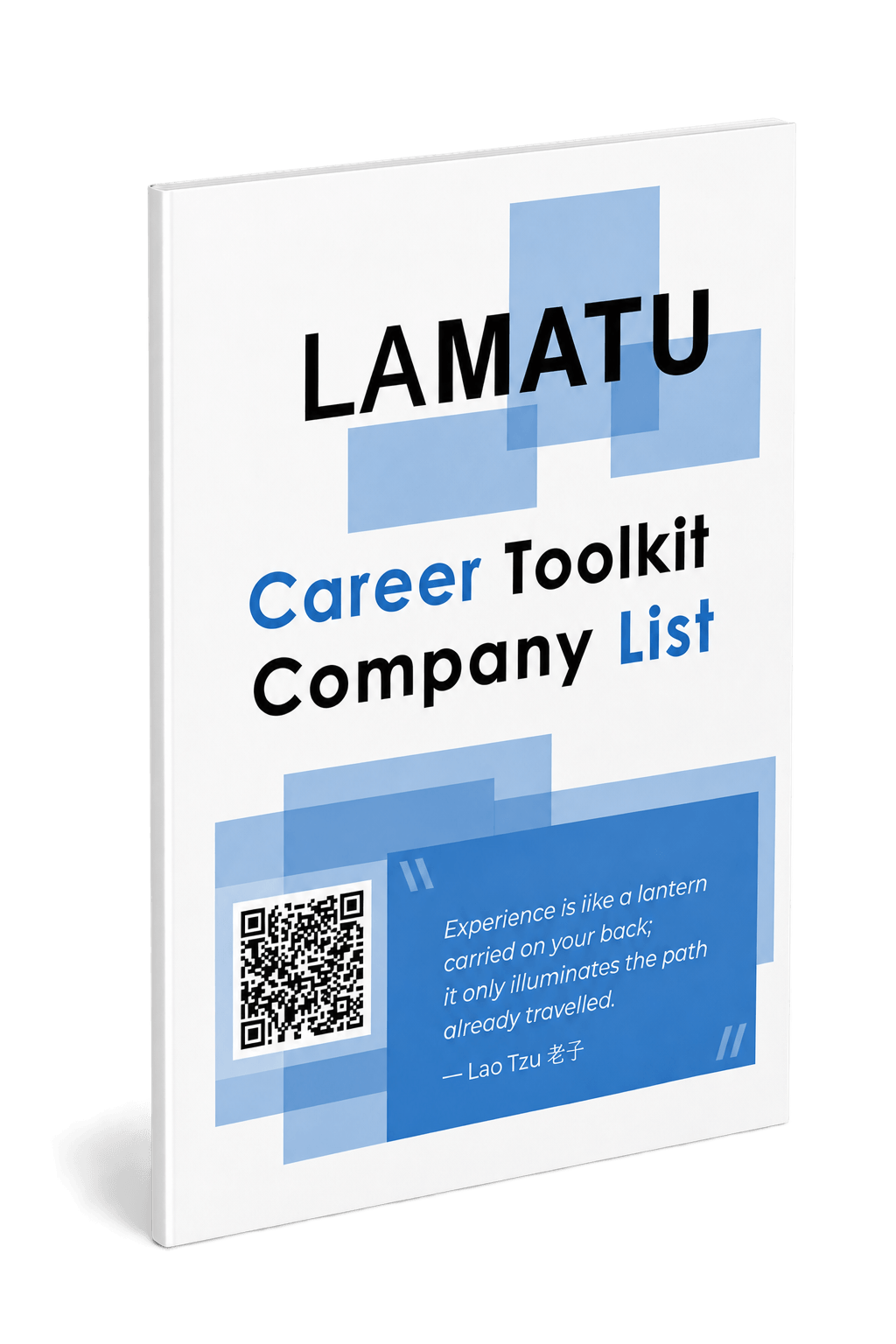 Book cover: 'LAMATU Career Toolkit Company List' with blue geometric shapes and a QR code, plus a blue quote panel.