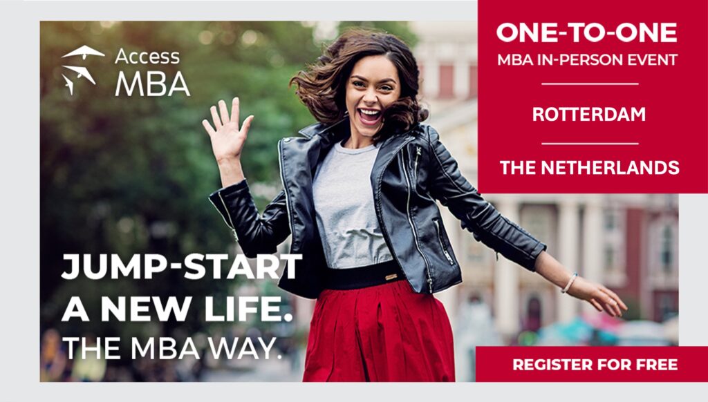 Joyful woman jumps outdoors beside an Access MBA banner advertising a one-to-one MBA event in Rotterdam, the Netherlands.