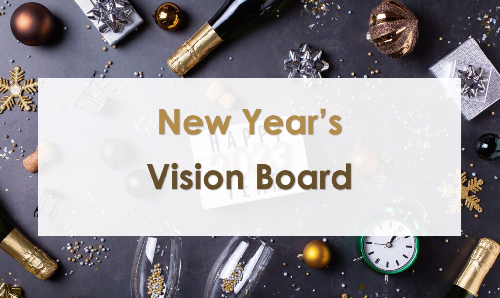 Banner with 'New Year’s Vision Board' text over festive party items like gifts, ornaments, and a clock behind.